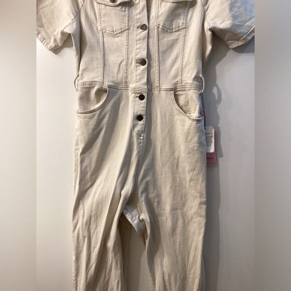 Avec Les Filles Tie Waist Denim Jumpsuit – Ecru Cream Women’s One Piece - Picture 3 of 15